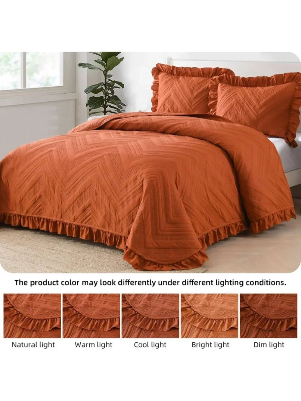 Cozy Burnt Orange Ruffled King Quilt Bedding Set | Fall Decor Bedspread
